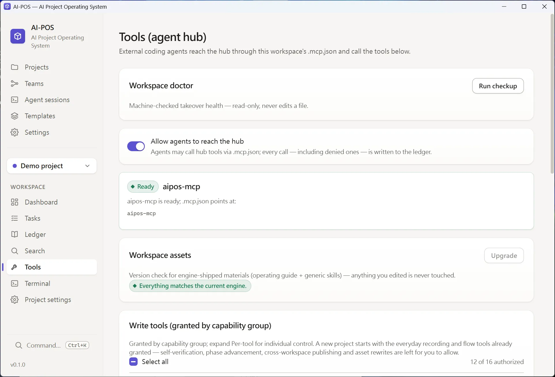 The AI-POS Tools page: the agent hub with the master switch Allow agents to reach the hub turned on, the aipos-mcp server marked Ready, and the write tools list showing 12 of 16 authorized.